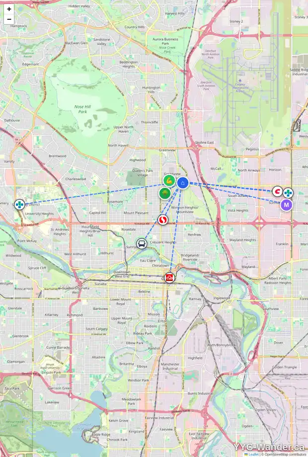 Daily accessibility map for 623 34 AV NE, Calgary showing nearby schools, grocery stores, parks, LRT stations and nearby amenities