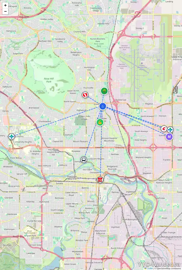 Daily accessibility map for 4620 3 ST NE, Calgary showing nearby schools, grocery stores, parks, LRT stations and nearby amenities