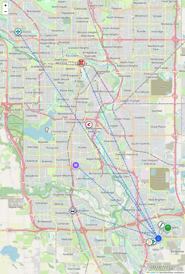 Daily accessibility map for 182 AUBURN CREST GR SE, Calgary showing nearby schools, grocery stores, parks, LRT stations and nearby amenities