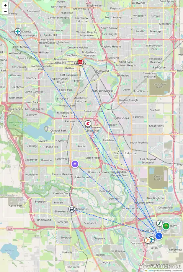 Daily accessibility map for 364 AUBURN CREST WY SE, Calgary showing nearby schools, grocery stores, parks, LRT stations and nearby amenities