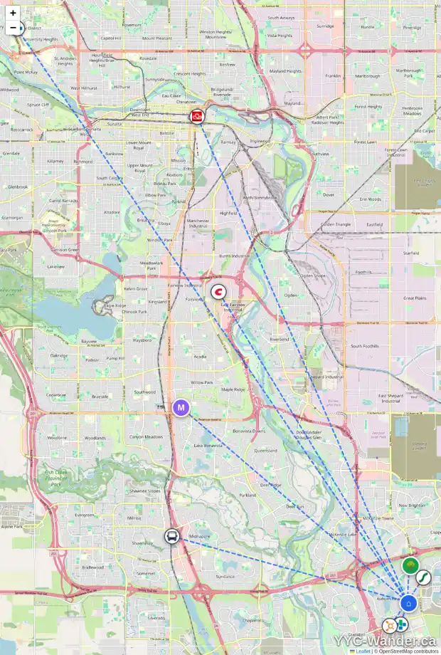 Daily accessibility map for 53 AUBURN SPRINGS CL SE, Calgary showing nearby schools, grocery stores, parks, LRT stations and nearby amenities
