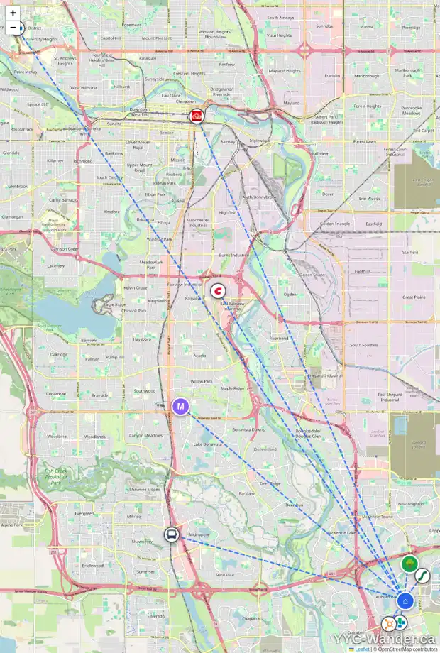 Daily accessibility map for 35 AUBURN SPRINGS MR SE, Calgary showing nearby schools, grocery stores, parks, LRT stations and nearby amenities