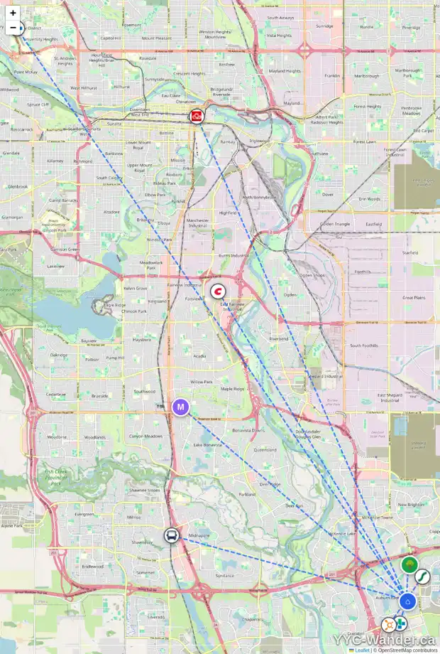 Daily accessibility map for 8 AUBURN SPRINGS MR SE, Calgary showing nearby schools, grocery stores, parks, LRT stations and nearby amenities