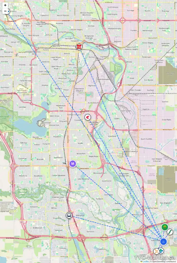 Daily accessibility map for 28 AUBURN SPRINGS MR SE, Calgary showing nearby schools, grocery stores, parks, LRT stations and nearby amenities