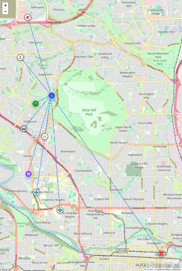 Daily accessibility map for 155 EDELWEISS PL NW, Calgary showing nearby schools, grocery stores, parks, LRT stations and nearby amenities