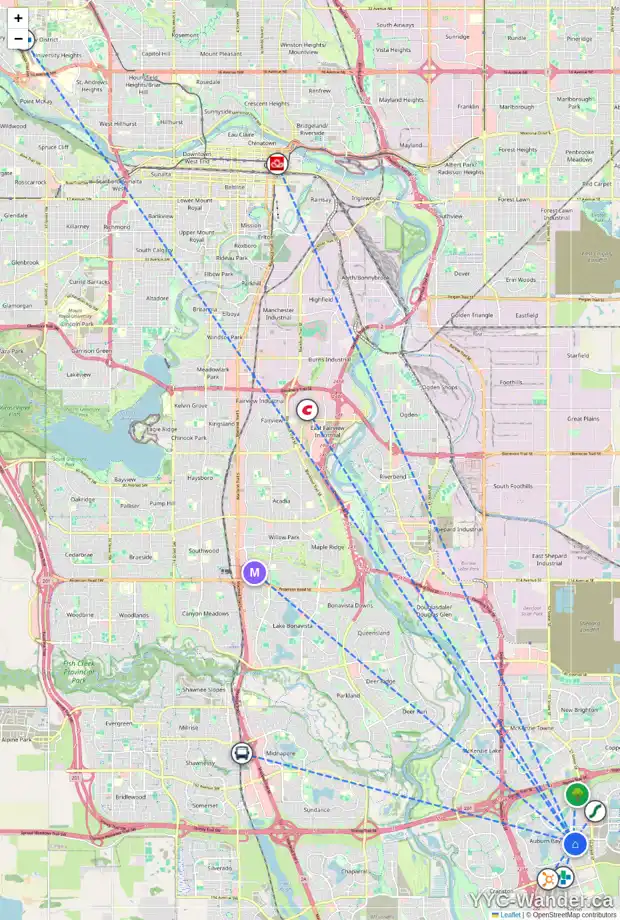 Daily accessibility map for 19 AUBURN SPRINGS CL SE, Calgary showing nearby schools, grocery stores, parks, LRT stations and nearby amenities