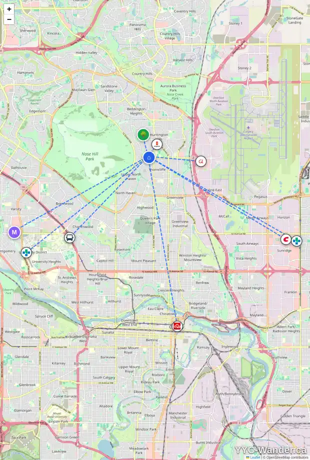 Daily accessibility map for 731 64 AV NW, Calgary showing nearby schools, grocery stores, parks, LRT stations and nearby amenities
