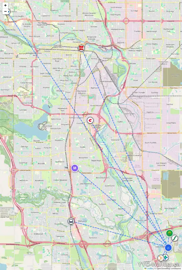 Daily accessibility map for 19 AUBURN SPRINGS PA SE, Calgary showing nearby schools, grocery stores, parks, LRT stations and nearby amenities