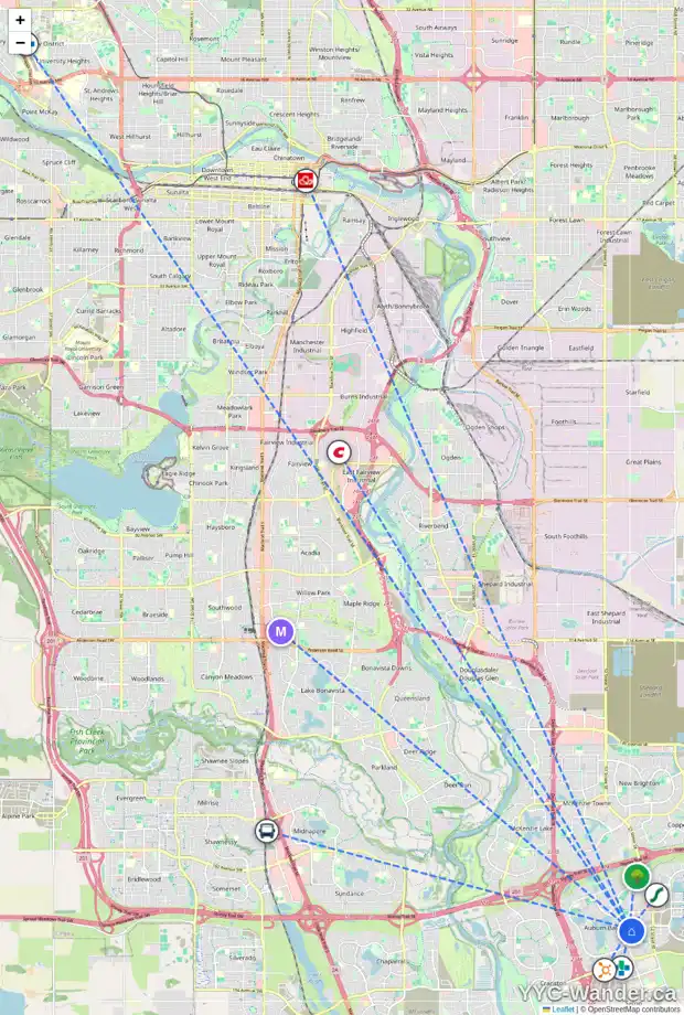 Daily accessibility map for 27 AUBURN SPRINGS PA SE, Calgary showing nearby schools, grocery stores, parks, LRT stations and nearby amenities