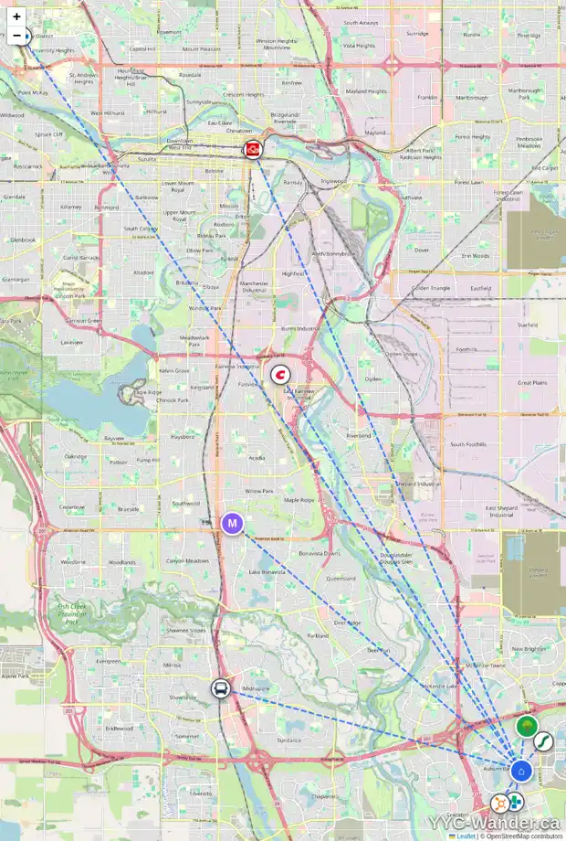 Daily accessibility map for 43 AUBURN SPRINGS PA SE, Calgary showing nearby schools, grocery stores, parks, LRT stations and nearby amenities