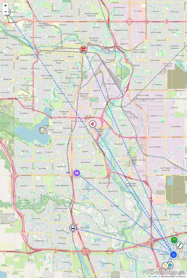 Daily accessibility map for 60 AUBURN SPRINGS LD SE, Calgary showing nearby schools, grocery stores, parks, LRT stations and nearby amenities