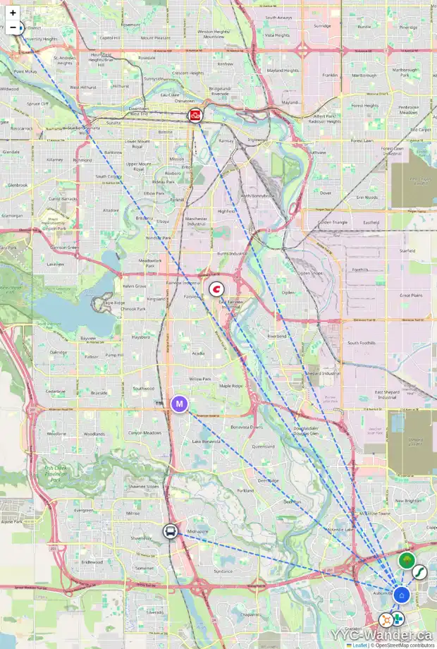 Daily accessibility map for 51 AUBURN SPRINGS PA SE, Calgary showing nearby schools, grocery stores, parks, LRT stations and nearby amenities