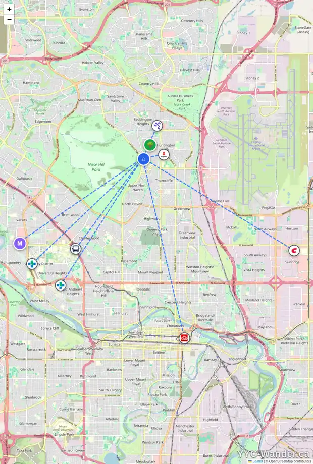 Daily accessibility map for 1044 HUNTERCOVE PL NW, Calgary showing nearby schools, grocery stores, parks, LRT stations and nearby amenities