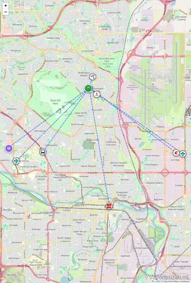 Daily accessibility map for 7612 7 ST NW, Calgary showing nearby schools, grocery stores, parks, LRT stations and nearby amenities