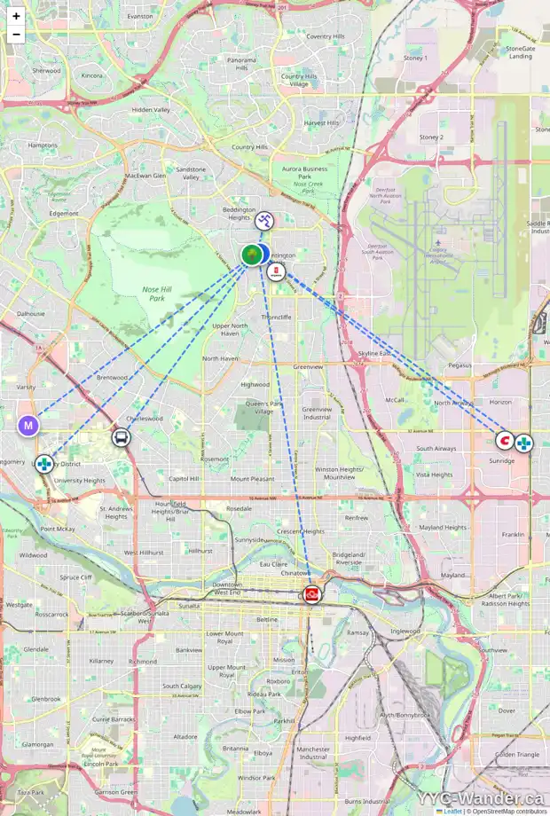 Daily accessibility map for 644 75 AV NW, Calgary showing nearby schools, grocery stores, parks, LRT stations and nearby amenities