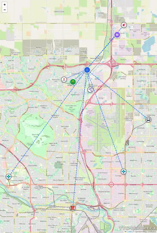 Daily accessibility map for 105 COVILLE CR NE, Calgary showing nearby schools, grocery stores, parks, LRT stations and nearby amenities