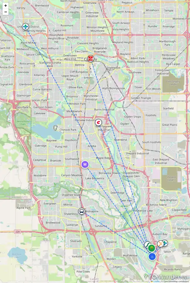 Daily accessibility map for 227 CRANSTON GA SE, Calgary showing nearby schools, grocery stores, parks, LRT stations and nearby amenities