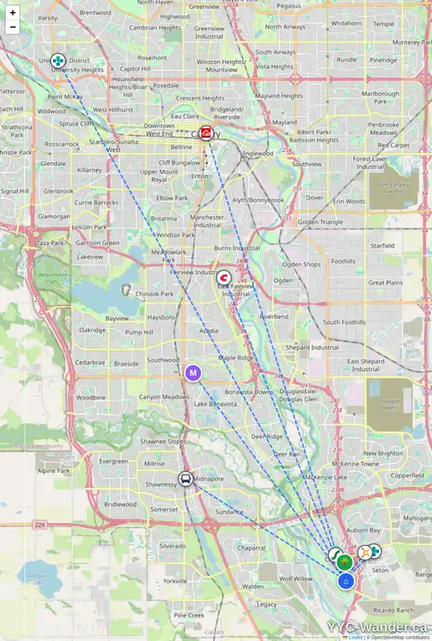 Daily accessibility map for 215 CRANSTON GA SE, Calgary showing nearby schools, grocery stores, parks, LRT stations and nearby amenities