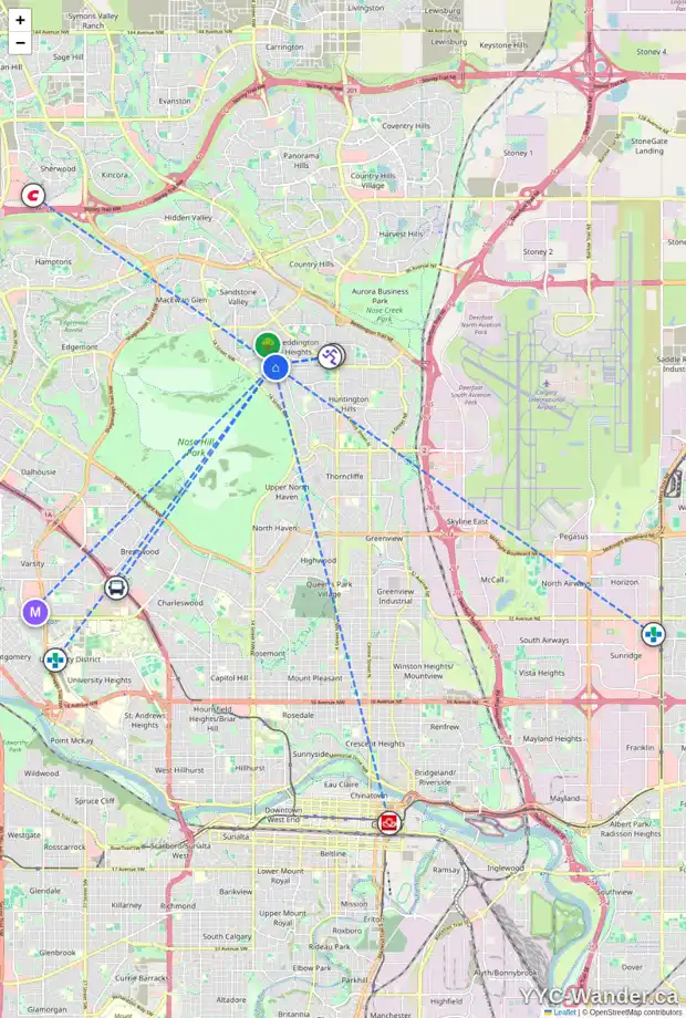 Daily accessibility map for 92 BERMONDSEY RI NW, Calgary showing nearby schools, grocery stores, parks, LRT stations and nearby amenities