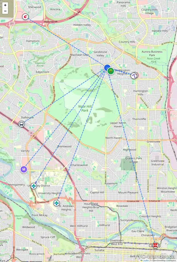 Daily accessibility map for 67 BEARBERRY CL NW, Calgary showing nearby schools, grocery stores, parks, LRT stations and nearby amenities