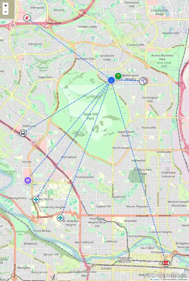 Daily accessibility map for 19 BEACHAM CL NW, Calgary showing nearby schools, grocery stores, parks, LRT stations and nearby amenities