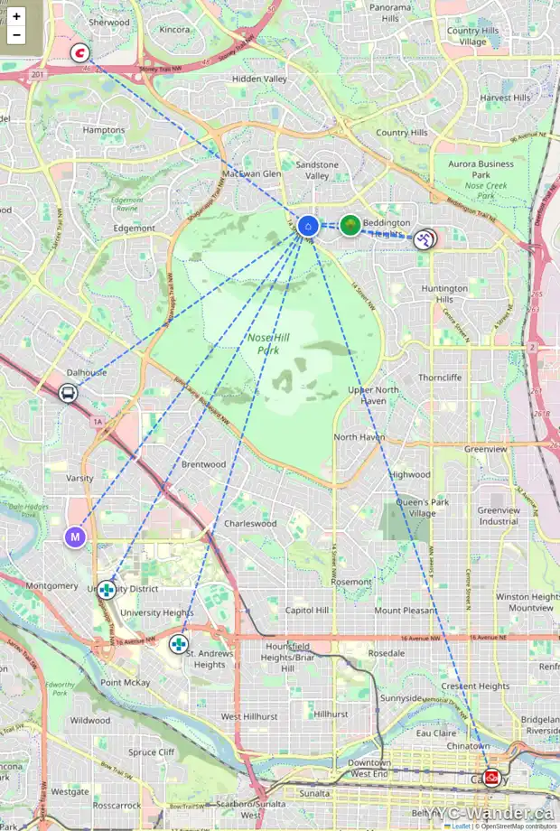 Daily accessibility map for 23 BEACONSFIELD WY NW, Calgary showing nearby schools, grocery stores, parks, LRT stations and nearby amenities