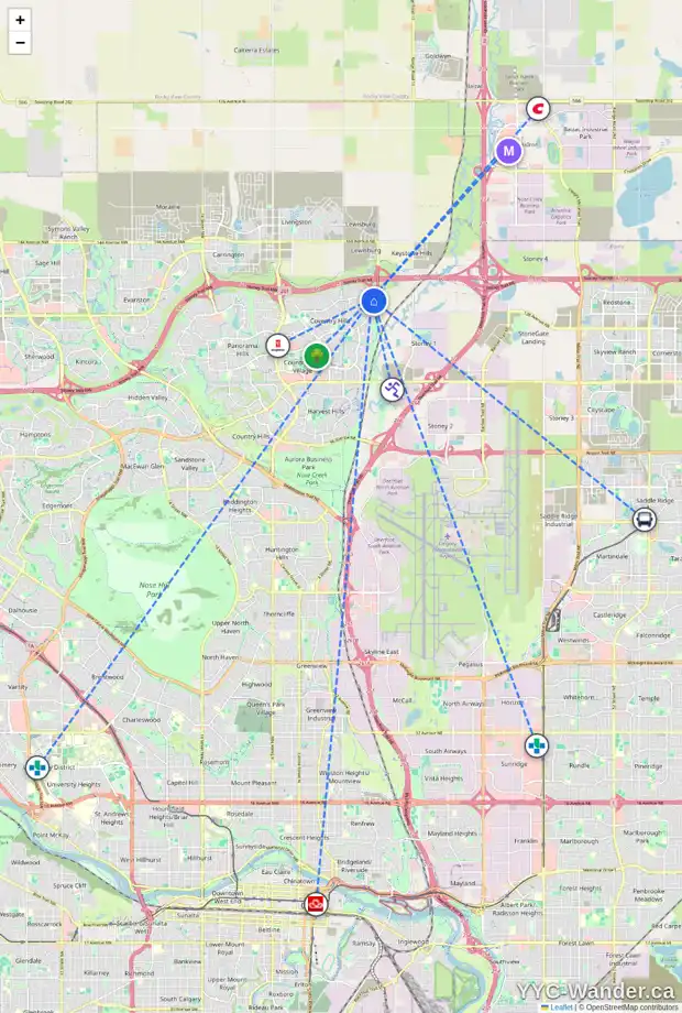 Daily accessibility map for 98 COVILLE SQ NE, Calgary showing nearby schools, grocery stores, parks, LRT stations and nearby amenities