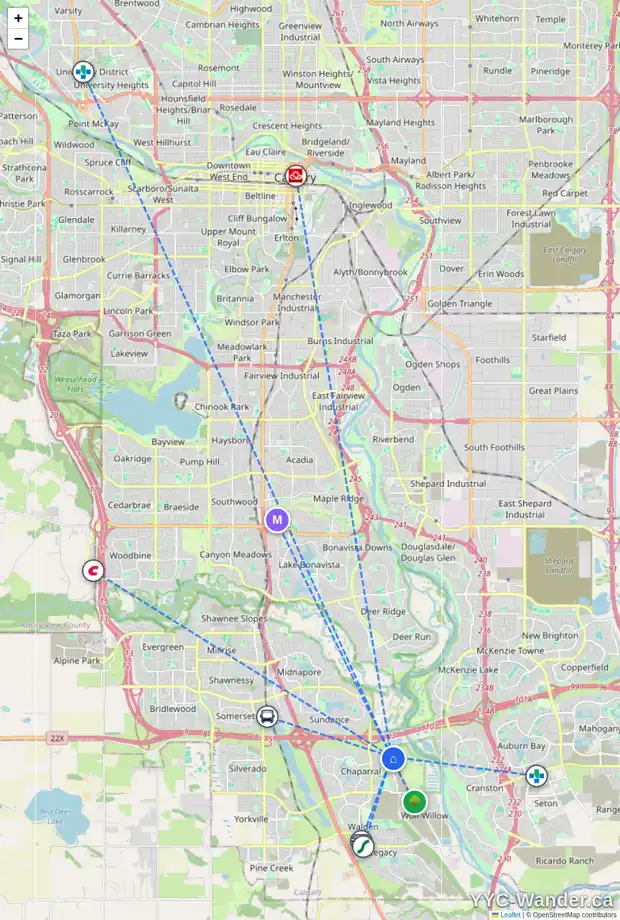 Daily accessibility map for 55 CHAPARRAL VALLEY WY SE, Calgary showing nearby schools, grocery stores, parks, LRT stations and nearby amenities