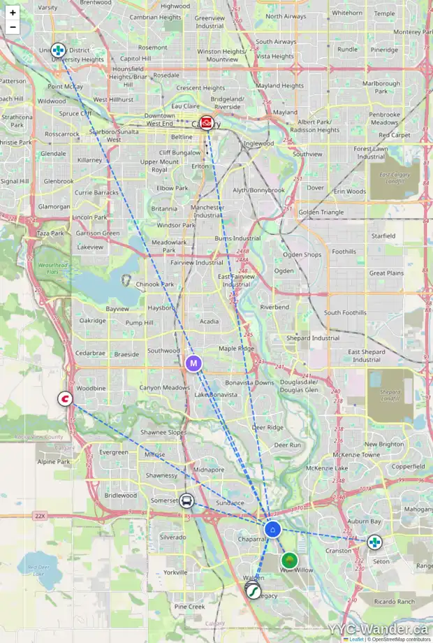 Daily accessibility map for 105 CHAPARRAL VALLEY ME SE, Calgary showing nearby schools, grocery stores, parks, LRT stations and nearby amenities