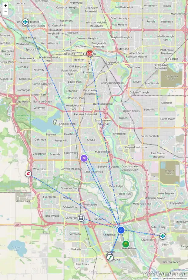 Daily accessibility map for 143 CHAPARRAL VALLEY WY SE, Calgary showing nearby schools, grocery stores, parks, LRT stations and nearby amenities