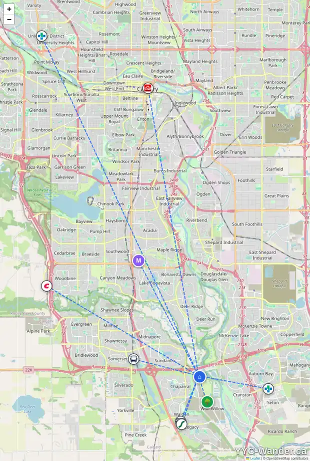 Daily accessibility map for 187 CHAPARRAL VALLEY WY SE, Calgary showing nearby schools, grocery stores, parks, LRT stations and nearby amenities