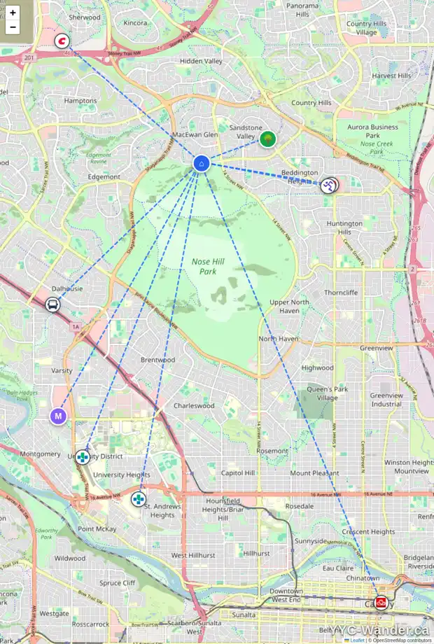 Daily accessibility map for 7 MACEWAN GLEN WY NW, Calgary showing nearby schools, grocery stores, parks, LRT stations and nearby amenities