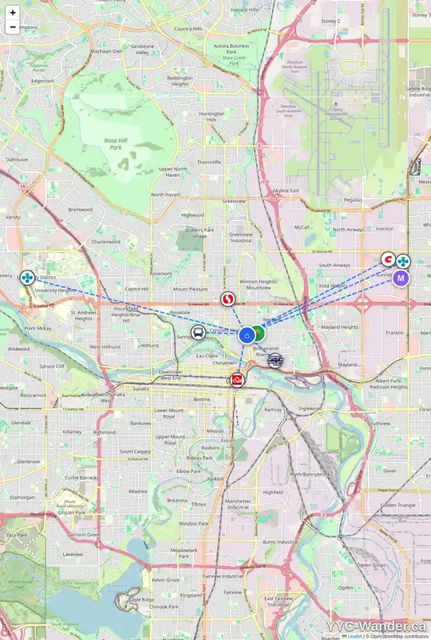 Daily accessibility map for 402 805 4 ST NE, Calgary showing nearby schools, grocery stores, parks, LRT stations and nearby amenities