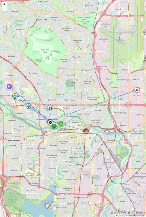 Daily accessibility map for 215 18A ST NW, Calgary showing nearby schools, grocery stores, parks, LRT stations and nearby amenities