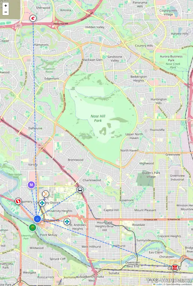 Daily accessibility map for 4208 BOWNESS RD NW, Calgary showing nearby schools, grocery stores, parks, LRT stations and nearby amenities