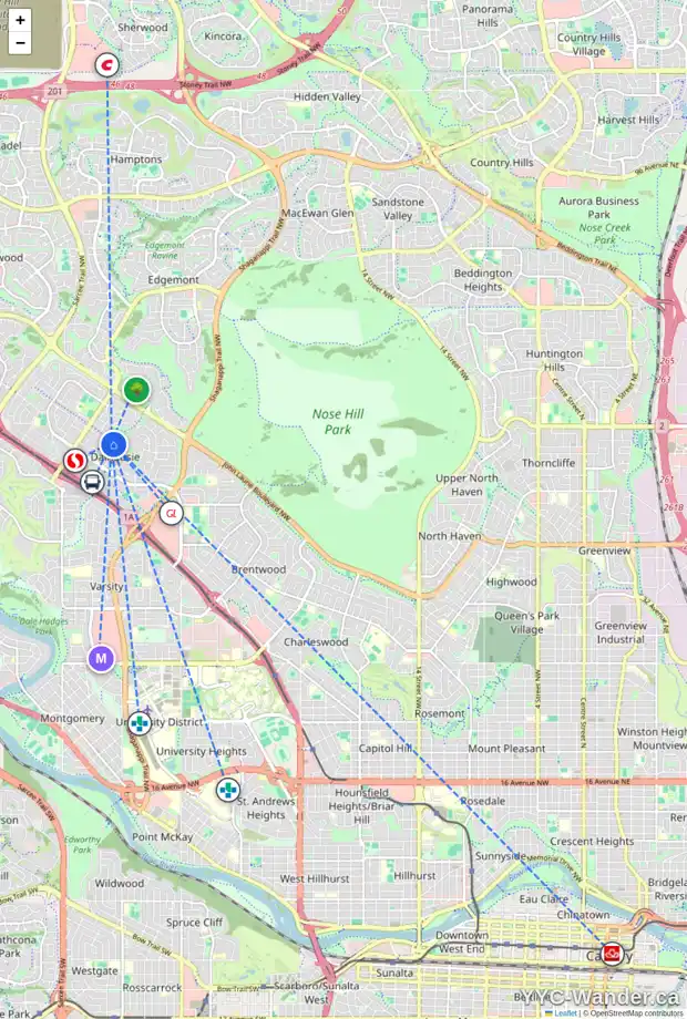 Daily accessibility map for 6055 DALFORD HL NW, Calgary showing nearby schools, grocery stores, parks, LRT stations and nearby amenities