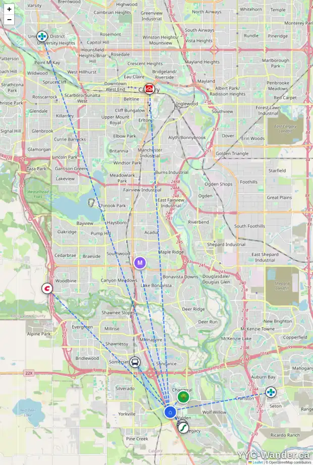 Daily accessibility map for 303 WALDEN ME SE, Calgary showing nearby schools, grocery stores, parks, LRT stations and nearby amenities