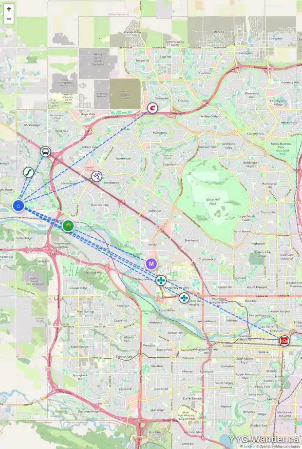 Daily accessibility map for 7 347 TUSCANY ESTATES RI NW, Calgary showing nearby schools, grocery stores, parks, LRT stations and nearby amenities