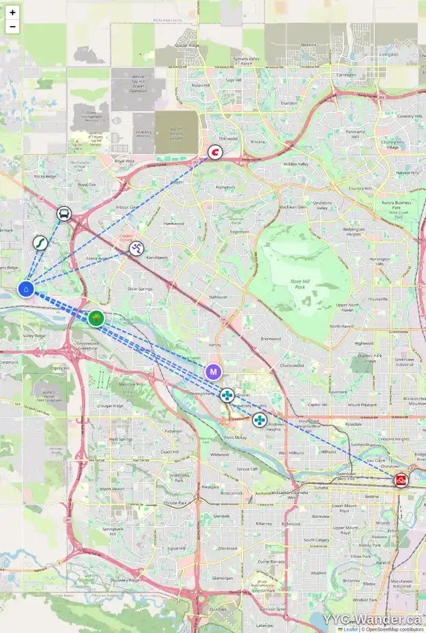 Daily accessibility map for 5 347 TUSCANY ESTATES RI NW, Calgary showing nearby schools, grocery stores, parks, LRT stations and nearby amenities