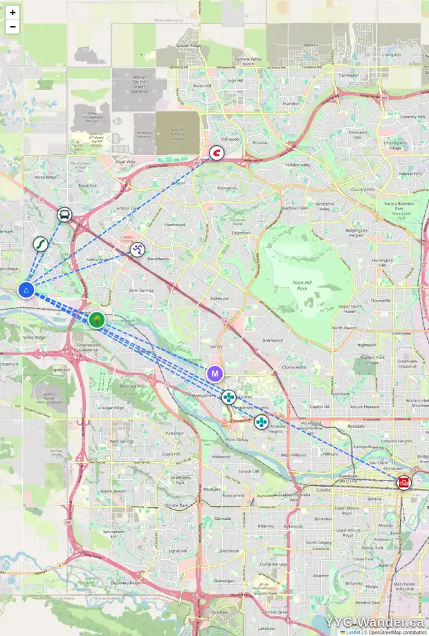 Daily accessibility map for 4 347 TUSCANY ESTATES RI NW, Calgary showing nearby schools, grocery stores, parks, LRT stations and nearby amenities