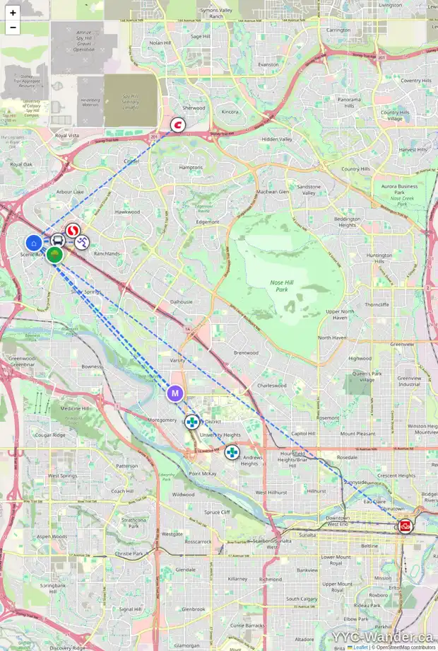 Daily accessibility map for 8963 SCURFIELD DR NW, Calgary showing nearby schools, grocery stores, parks, LRT stations and nearby amenities