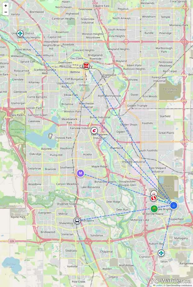 Daily accessibility map for 216 BRIGHTONCREST PT SE, Calgary showing nearby schools, grocery stores, parks, LRT stations and nearby amenities