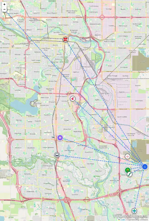 Daily accessibility map for 51 BRIGHTONCREST PT SE, Calgary showing nearby schools, grocery stores, parks, LRT stations and nearby amenities