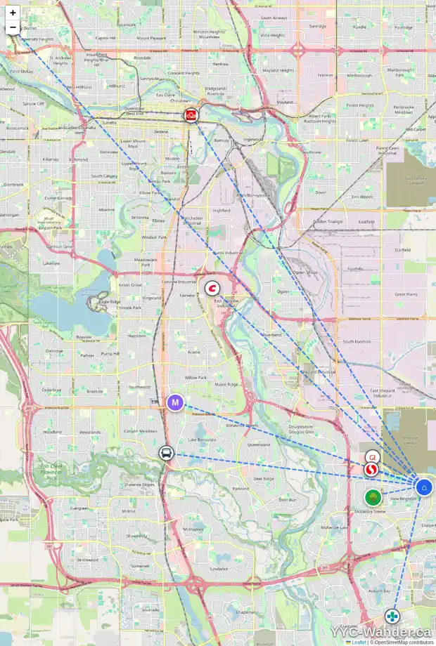Daily accessibility map for 199 BRIGHTONCREST PT SE, Calgary showing nearby schools, grocery stores, parks, LRT stations and nearby amenities