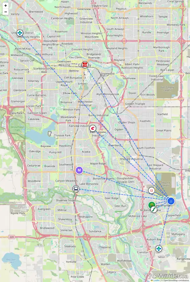 Daily accessibility map for 188 BRIGHTONCREST PT SE, Calgary showing nearby schools, grocery stores, parks, LRT stations and nearby amenities
