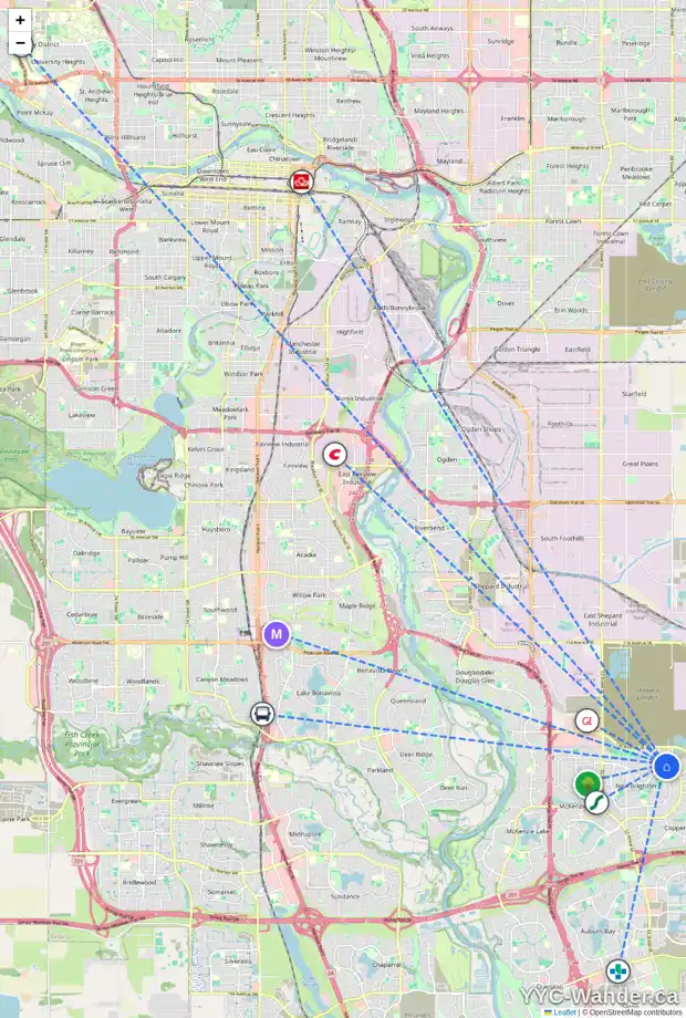 Daily accessibility map for 67 BRIGHTONCREST PT SE, Calgary showing nearby schools, grocery stores, parks, LRT stations and nearby amenities