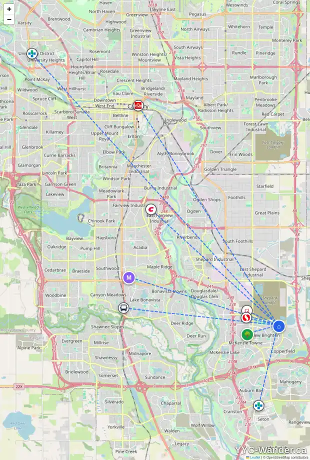 Daily accessibility map for 152 BRIGHTONCREST PT SE, Calgary showing nearby schools, grocery stores, parks, LRT stations and nearby amenities