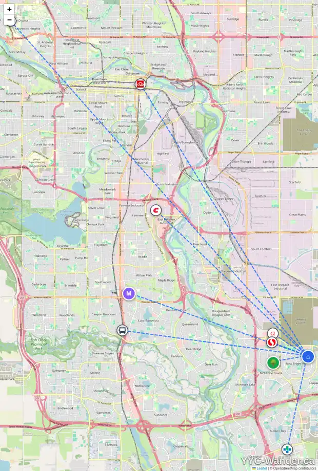 Daily accessibility map for 2052 BRIGHTONCREST GR SE, Calgary showing nearby schools, grocery stores, parks, LRT stations and nearby amenities
