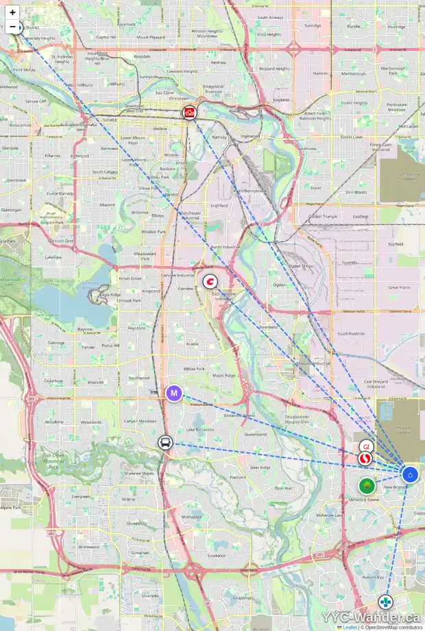 Daily accessibility map for 2216 BRIGHTONCREST GR SE, Calgary showing nearby schools, grocery stores, parks, LRT stations and nearby amenities