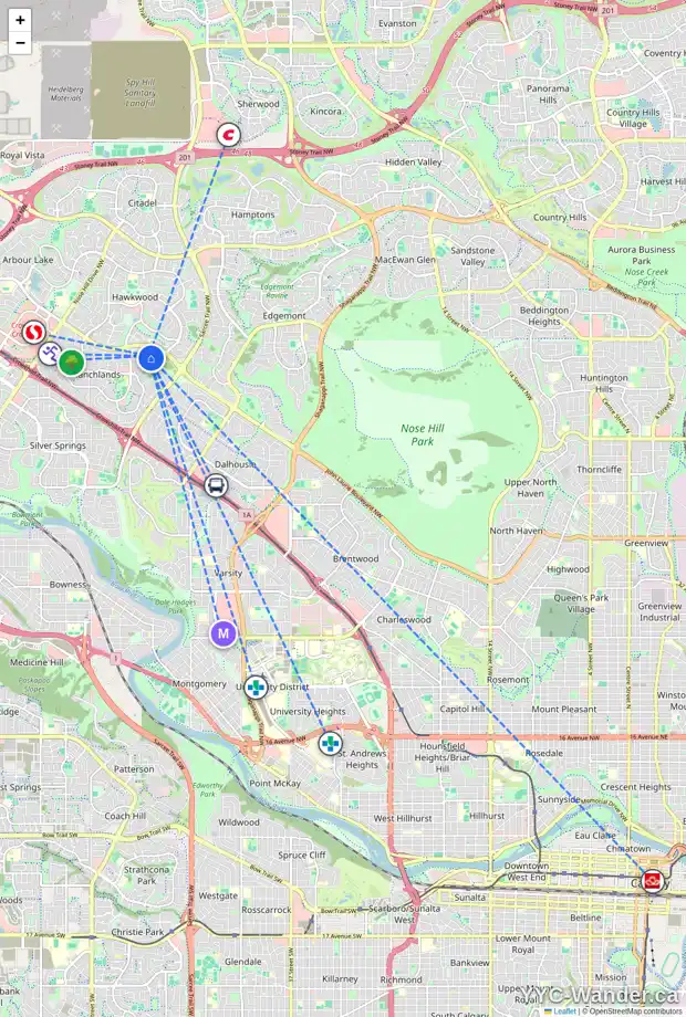 Daily accessibility map for 515 RANCH ESTATES BA NW, Calgary showing nearby schools, grocery stores, parks, LRT stations and nearby amenities
